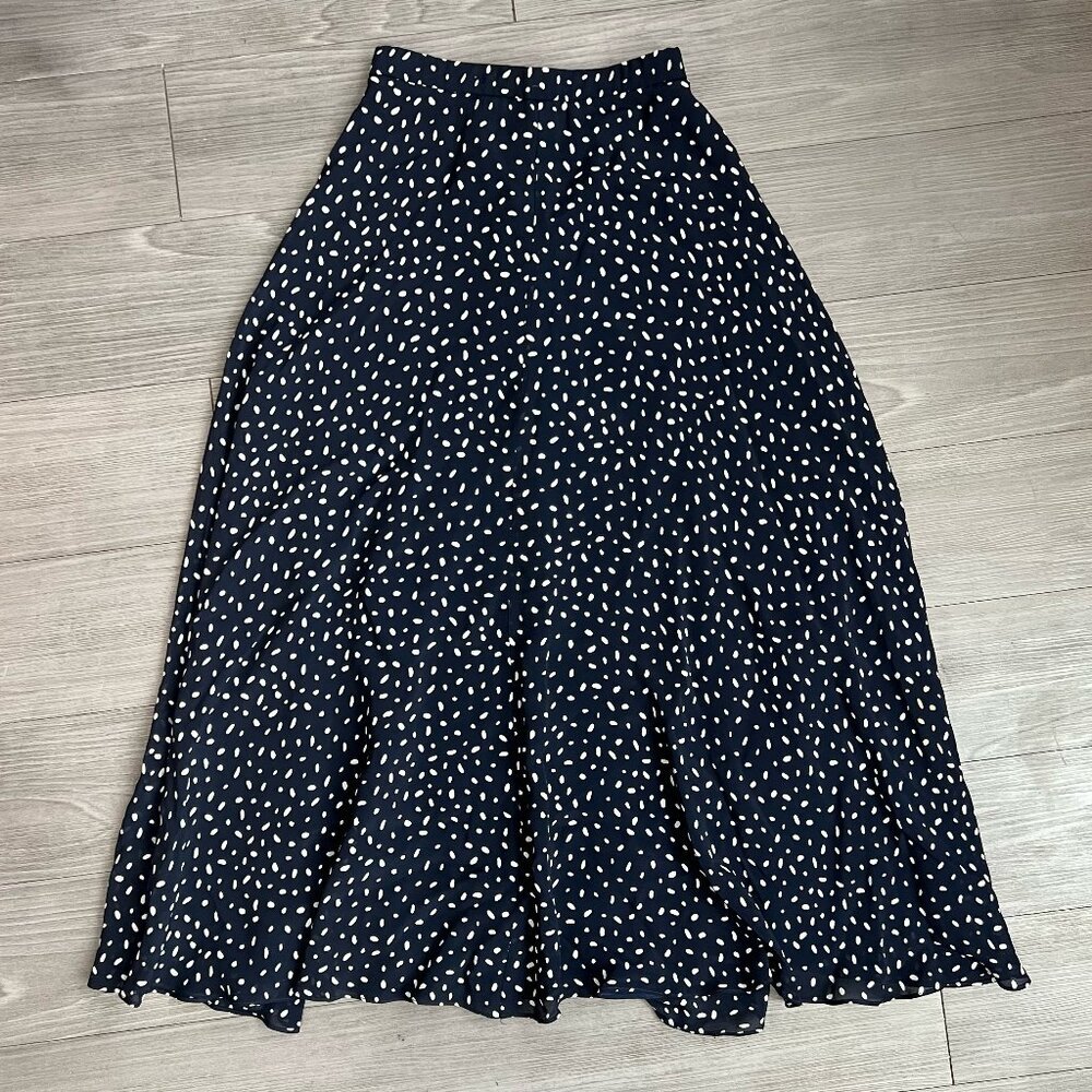70s Vintage Navy Blue Polka Dot Chiffon A Line Maxi Skirt Union Label USA Sz XS